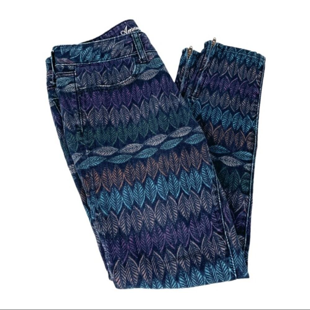 American Eagle Leaf Print Jegging Jeans Zipper Ankle Blue Multi Color Size 4